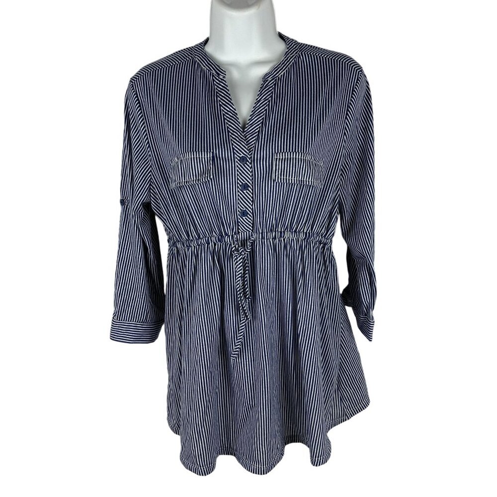 Eden & Olivia Maternity Top Blouse Medium Blue & White Stripe 3/4 Sleeve